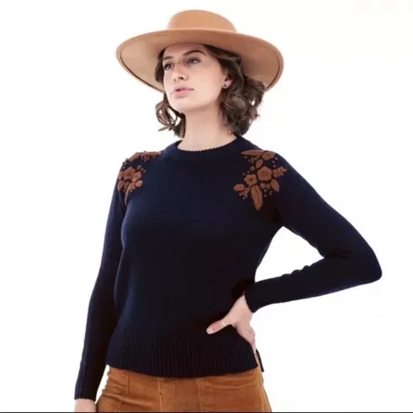 Aventura Merino Wool Blend Sweater Navy Blue w/ Embroidered Floral - Size Small - Picture 2 of 7